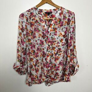 Zac & Rachel Womens Spring Floral Button Up Front Tie Blouse Roll Tab Sleeve M
